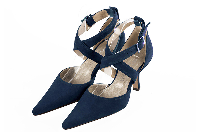 Women's navy blue open side dress shoes, with crossed straps. Pointed toe. High spool heels - Front view